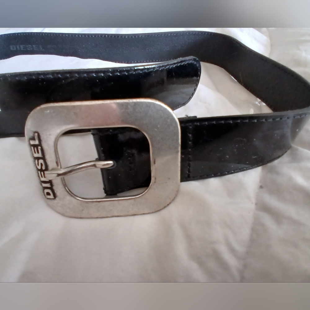 Diesel Black Patent Leather Belt W/ Large Metal Buckle - Picture 1 of 9